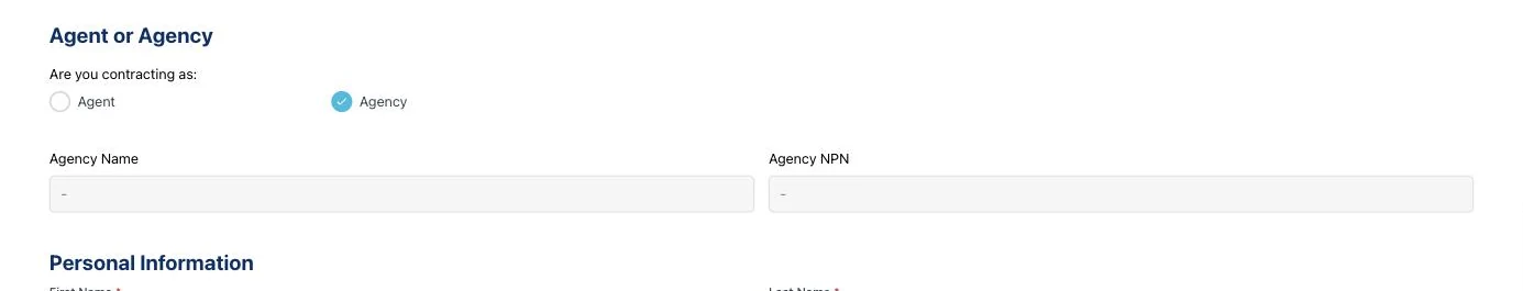 Agency contracting path revealing agency name and NPN fields