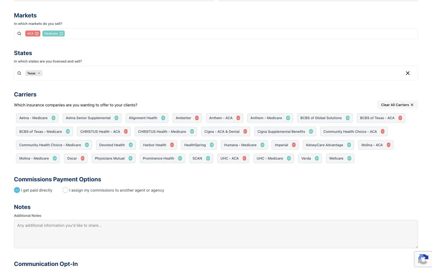 Carrier grid filtered to the selected markets and states, each carrier badged by market