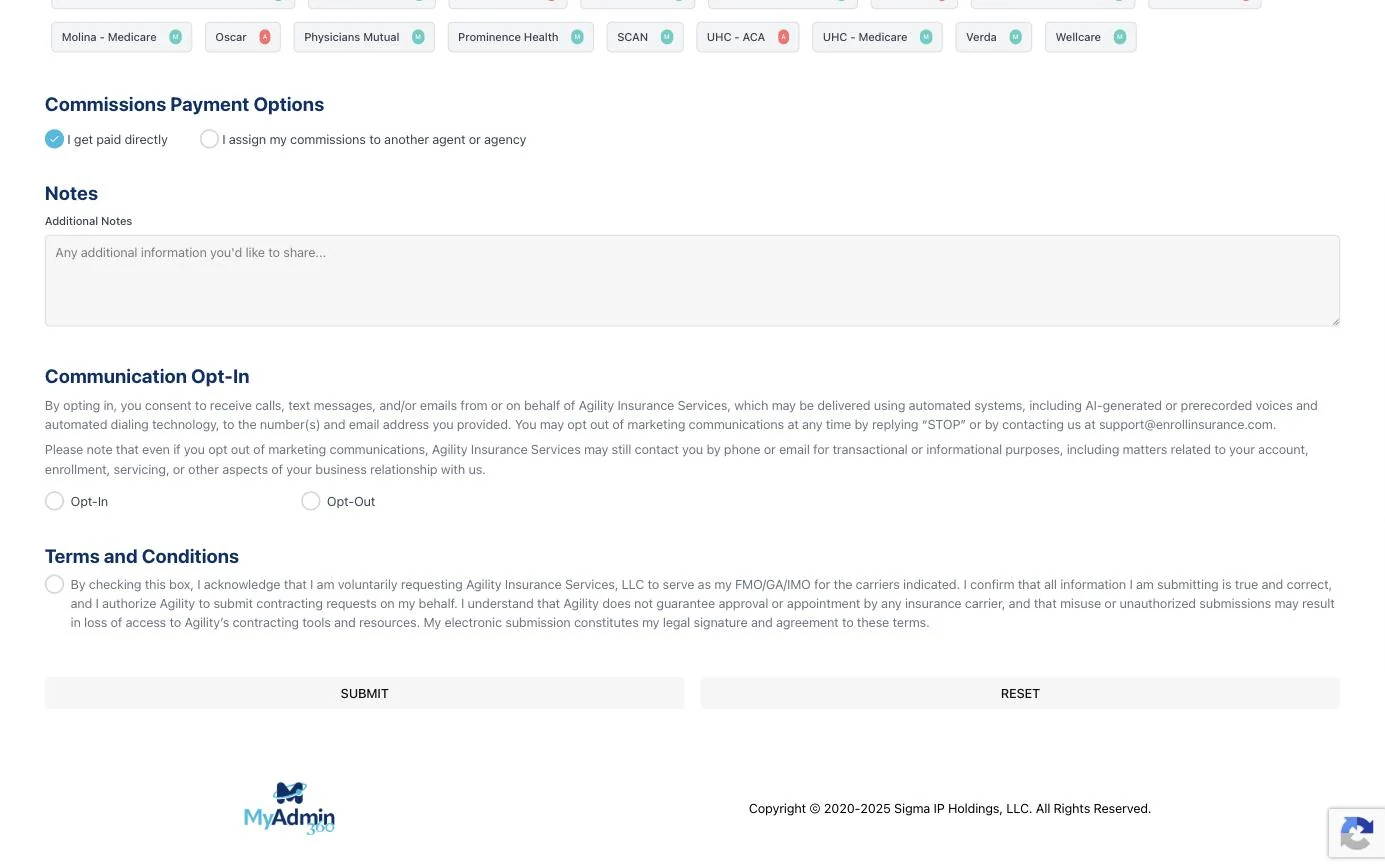 Notes, communication opt-in, terms and conditions, and submit controls