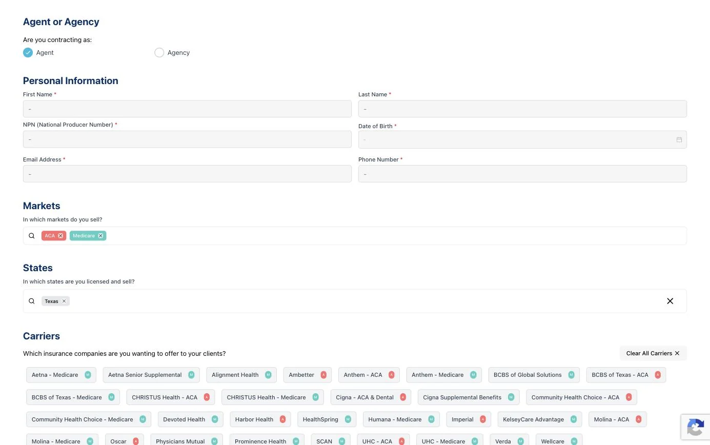 Personal information, markets and states sections of the contracting form