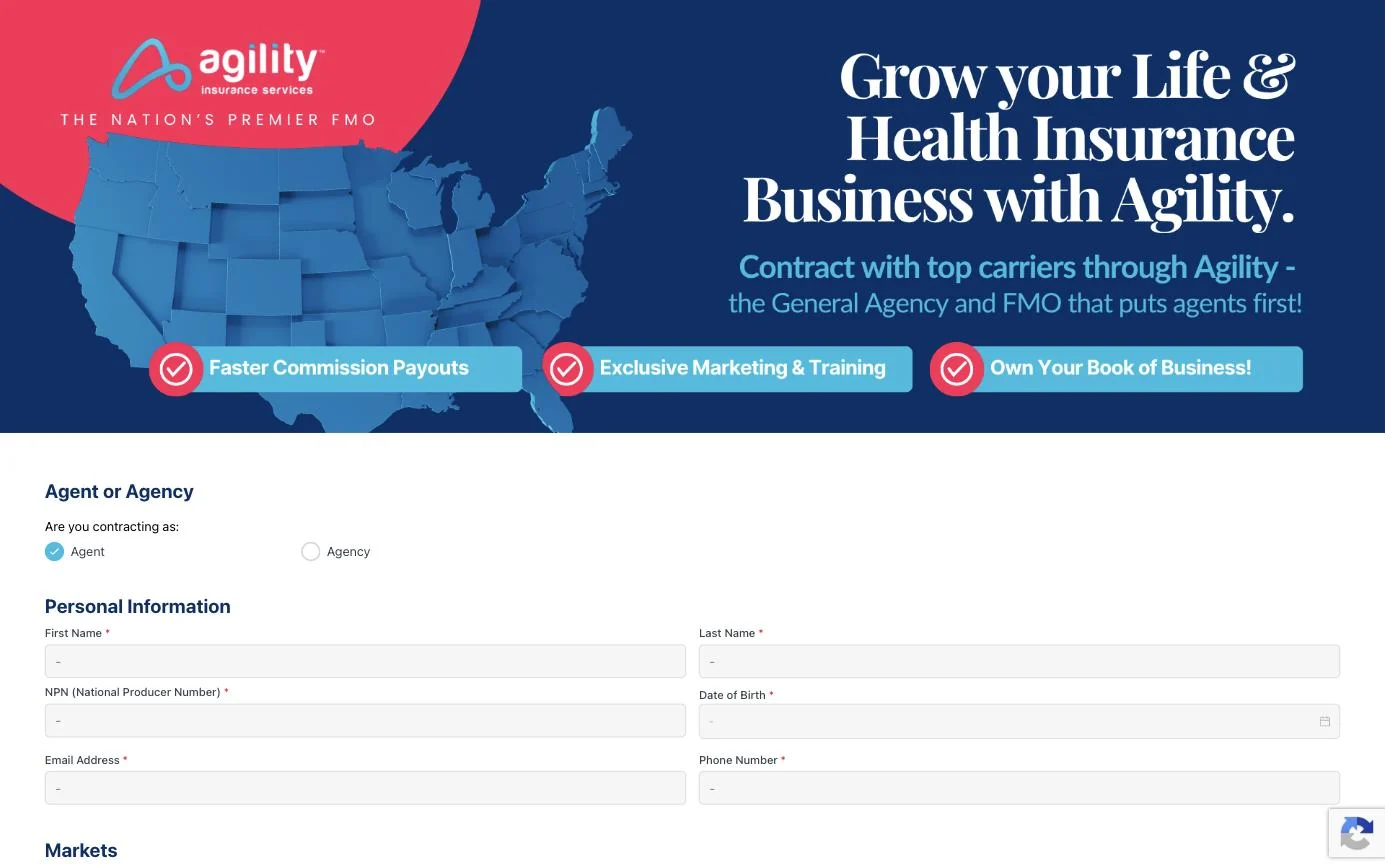 Agility contracting form landing view with hero banner and agent or agency selection