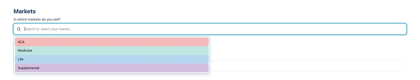 Market selector open, showing the four color-coded markets