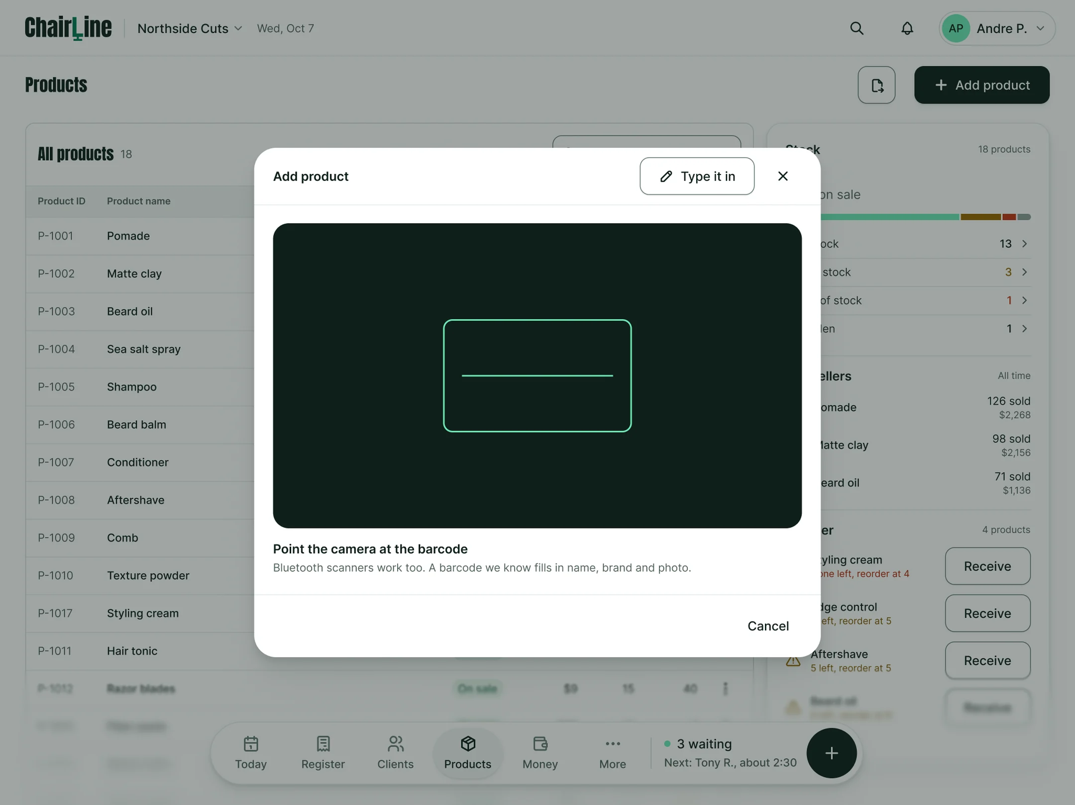 Add product sheet open on the camera, with a Type it in button in the header