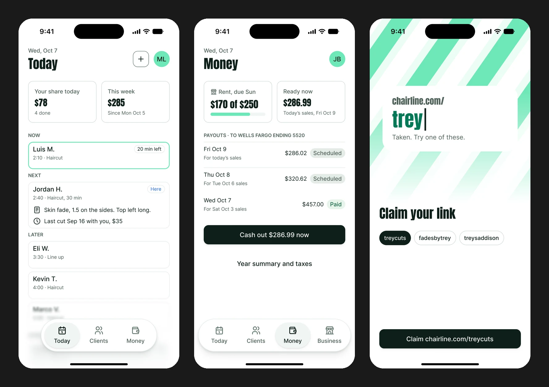 Three phone screens: a commission barber’s Today with his share, a renter’s Money with rent at $170 of $250, and an independent barber claiming a booking link