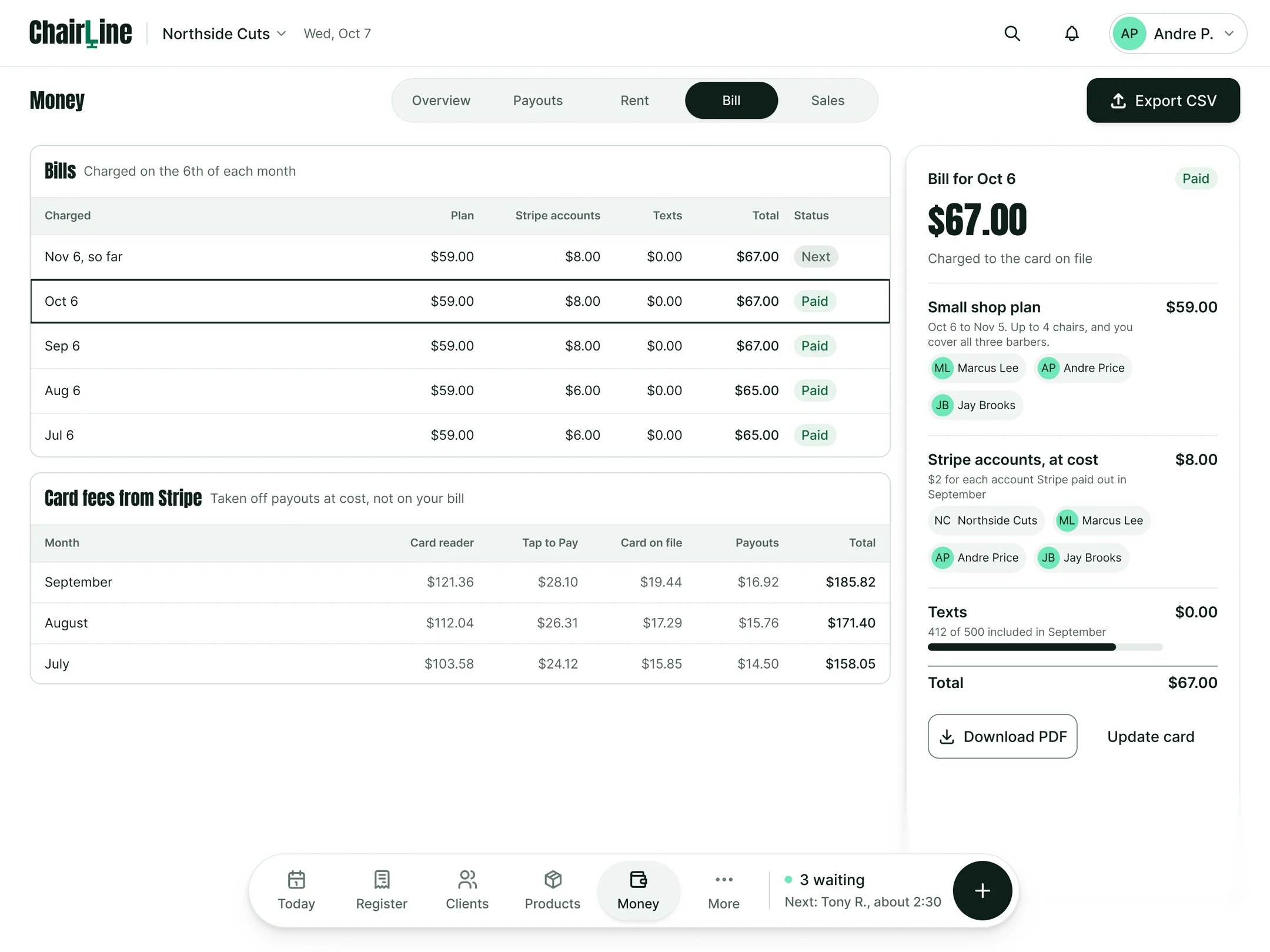 The owner’s Money tab on Bill: monthly bills split into plan, Stripe accounts and texts, card fees from Stripe by month, and the October bill itemized