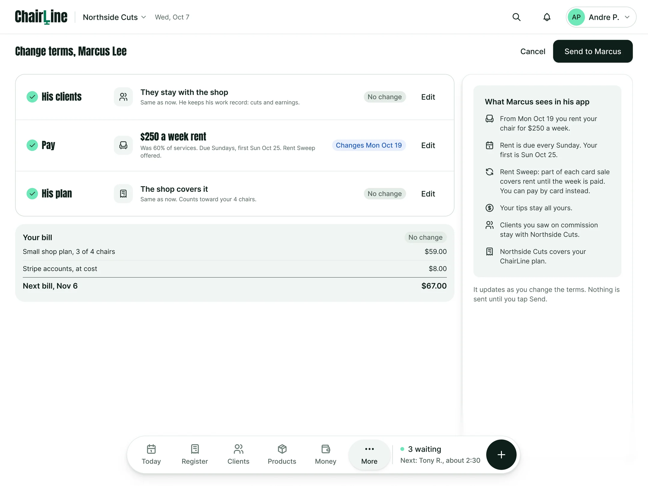 Change terms for Marcus Lee: clients stay with the shop, pay moves to $250 a week rent, the shop covers his plan, and a panel showing what Marcus will see