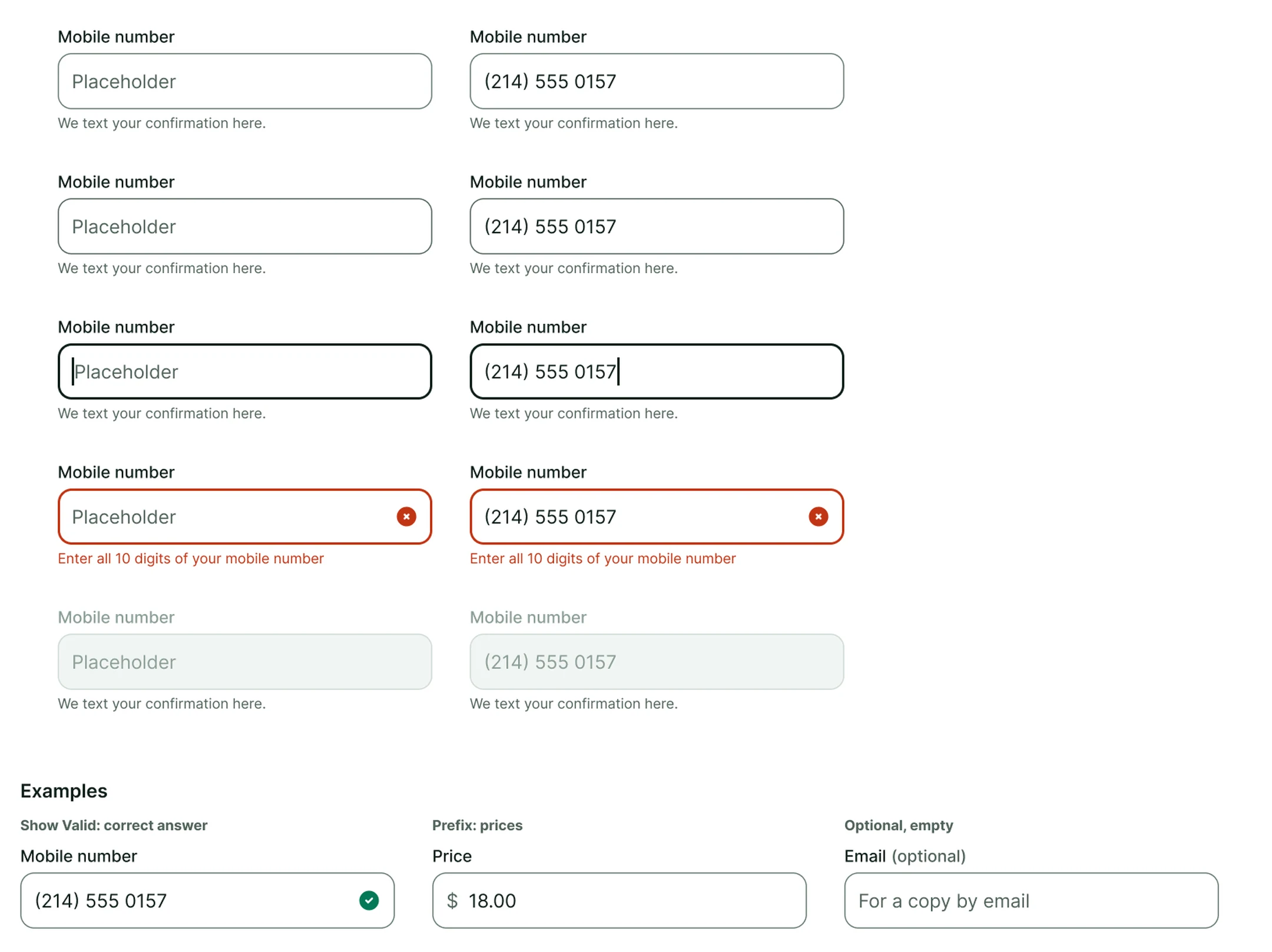 The ChairLine input component in its states, including typing and error, and with icons