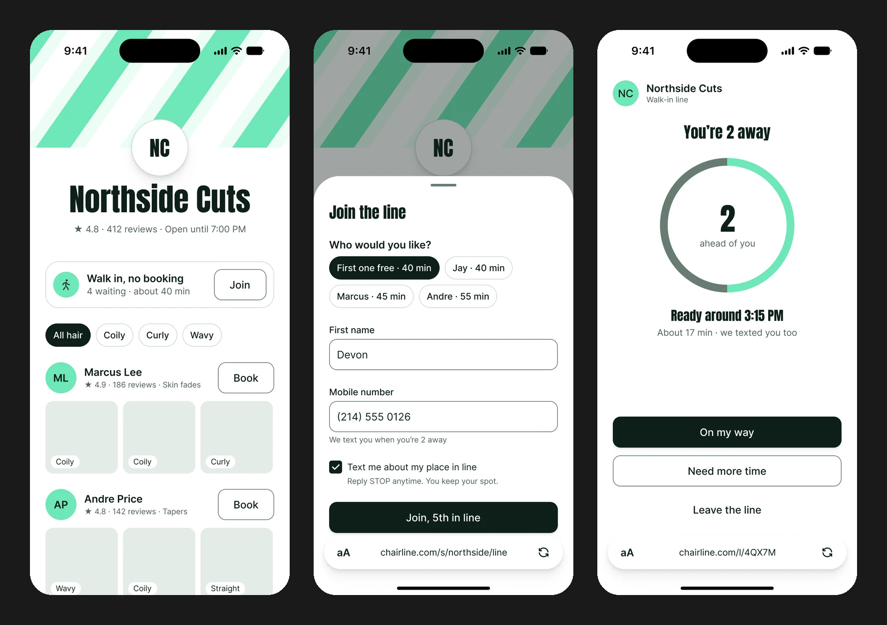 Three phone screens in Safari: the shop page with a walk-in line and barbers by hair type, the Join the line form, and You’re 2 away