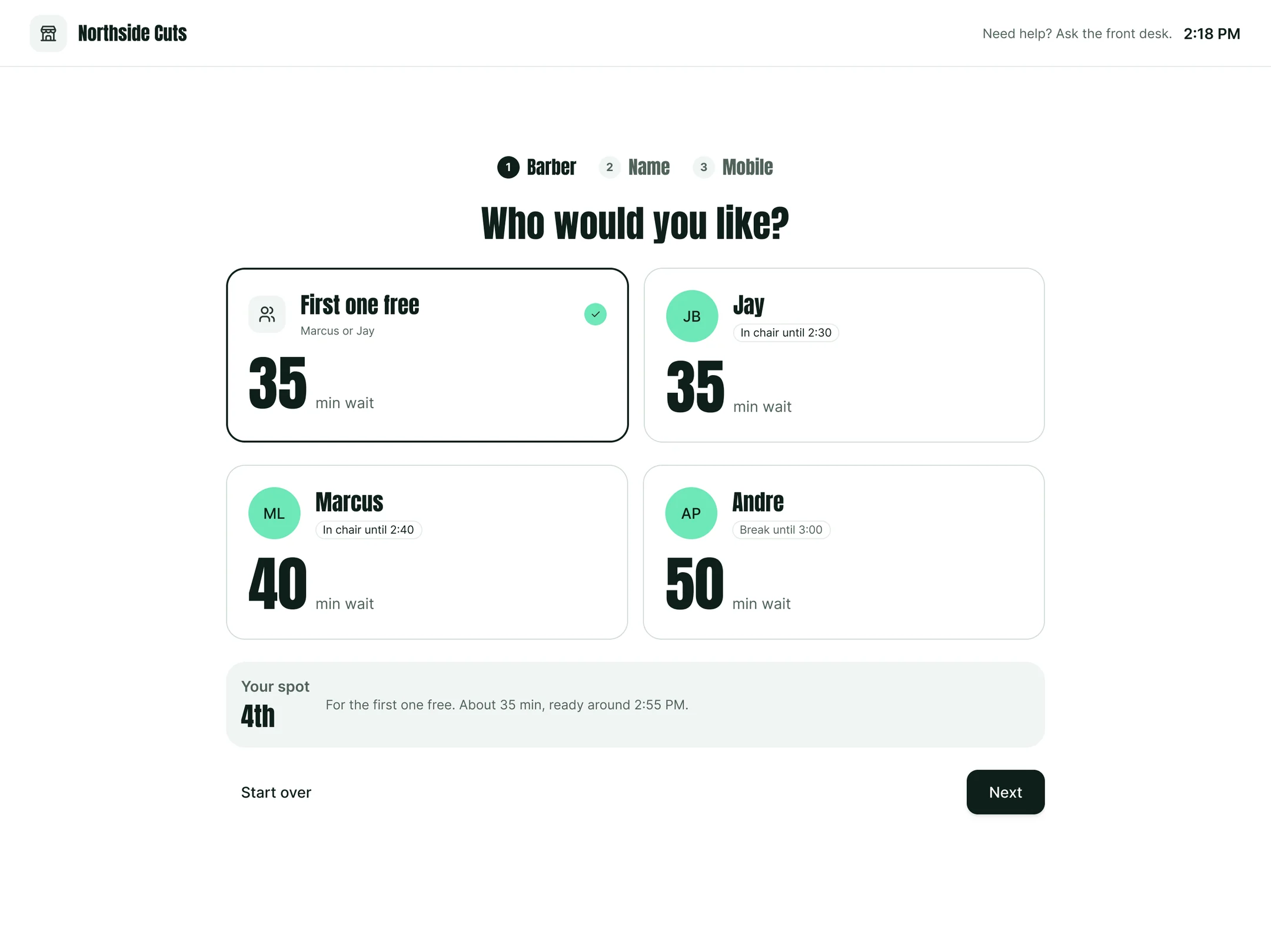 Check-in kiosk asking Who would you like, with the wait for the first free barber and for each barber