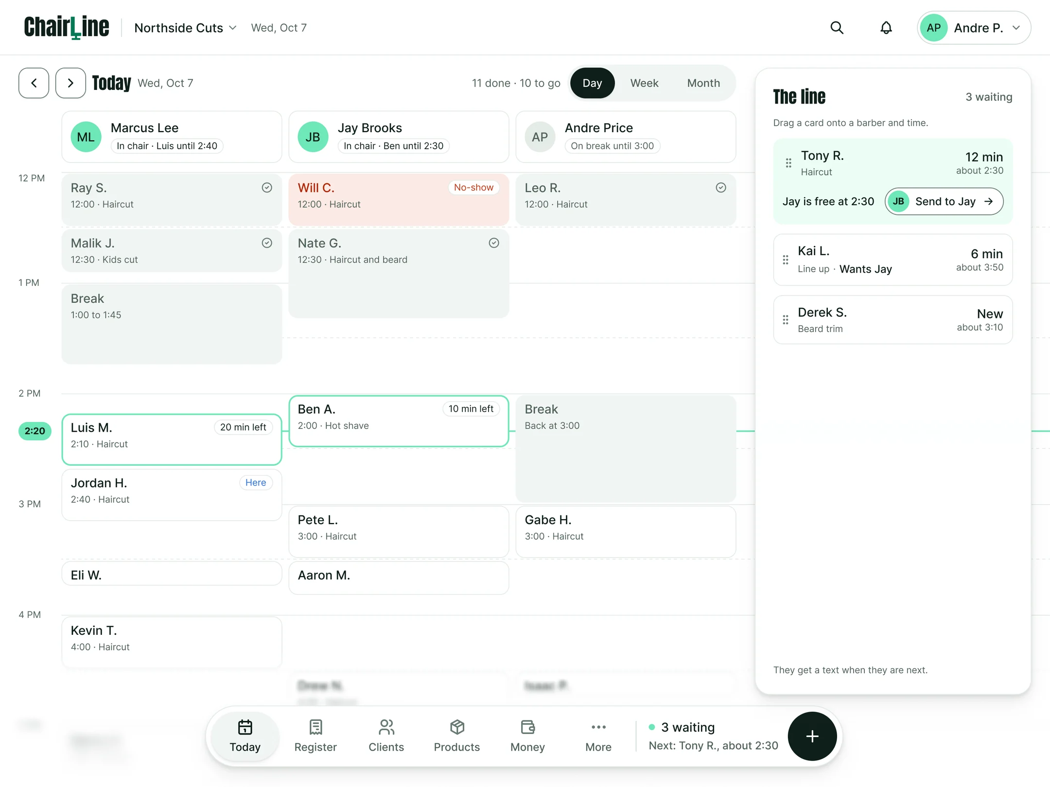ChairLine Today on the owner’s iPad: a column for each of three barbers with the hours down the side, and The line panel on the right with three walk-ins waiting