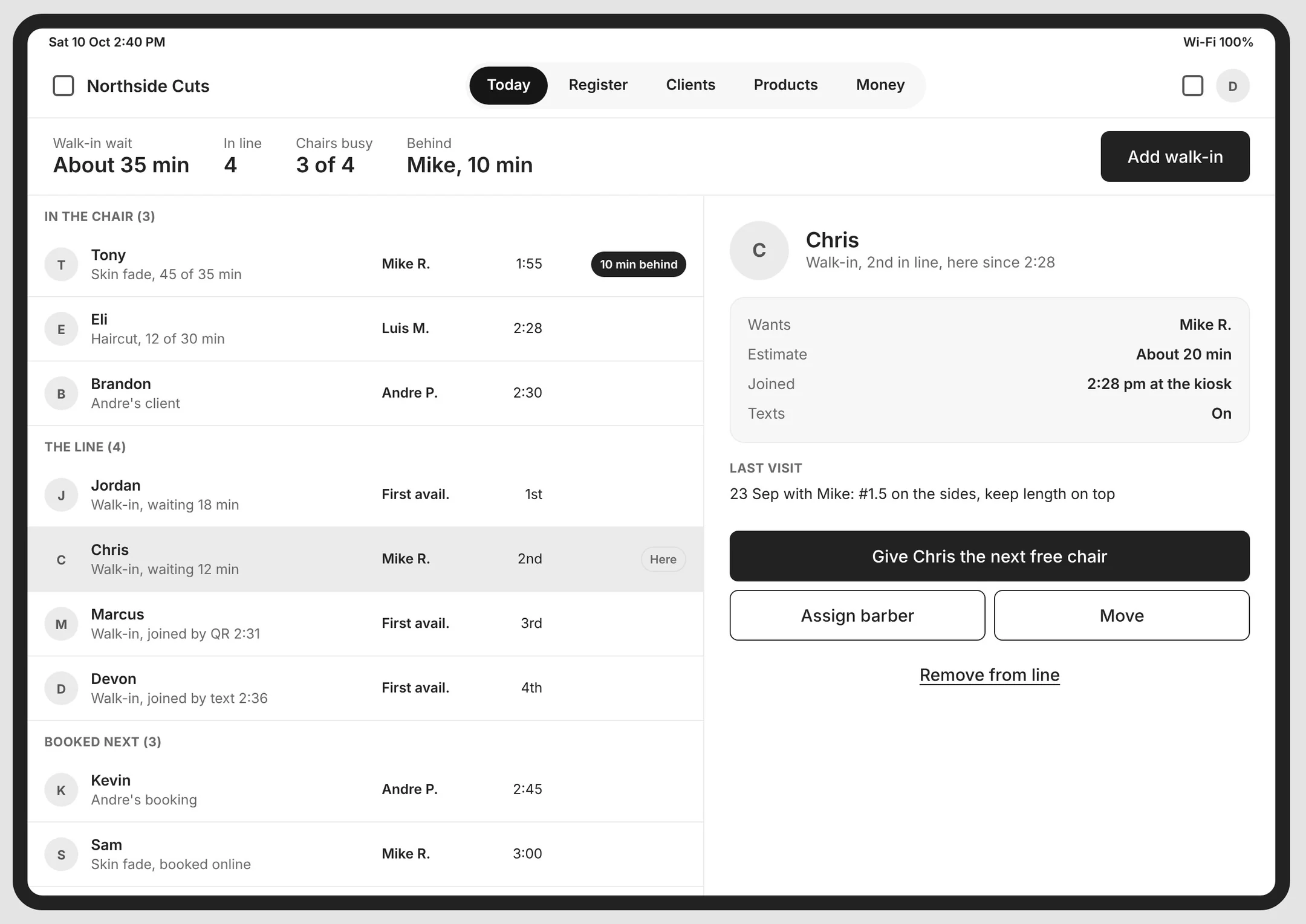 Grayscale wireframe of Today as a list: in the chair, the line and booked next, with a detail pane for one walk-in