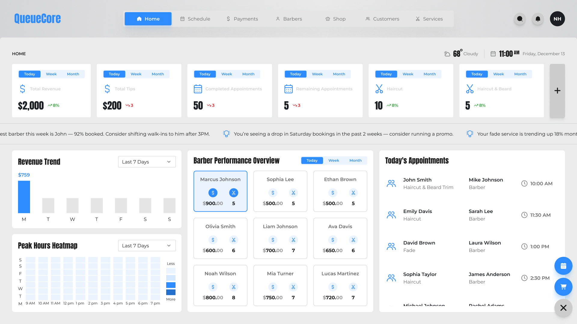 QueueCore home dashboard