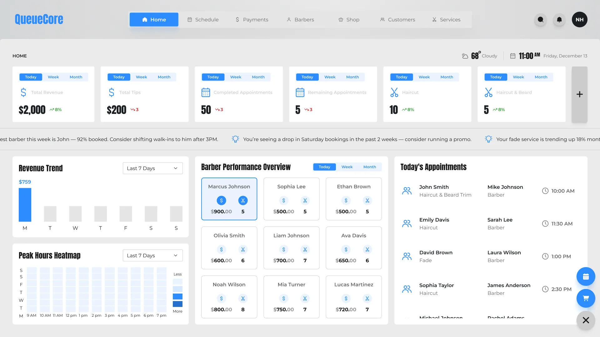 QueueCore home dashboard