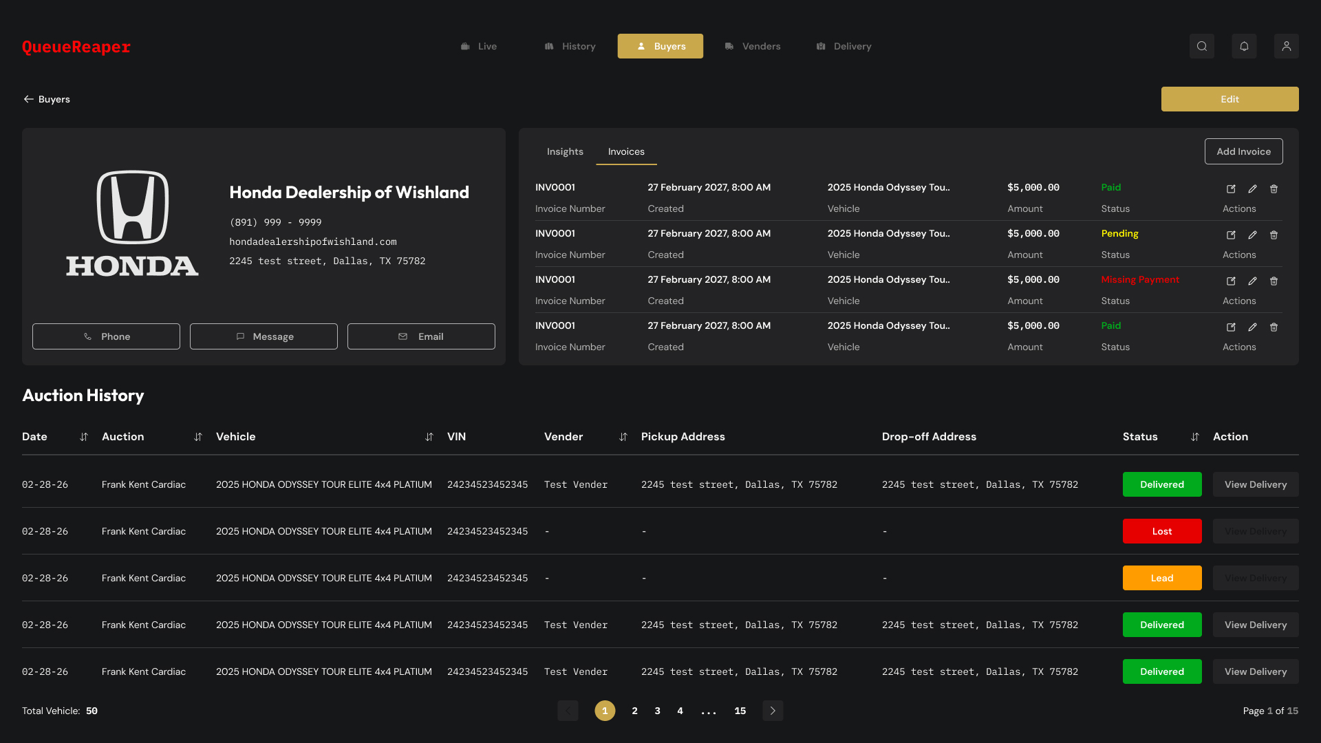 QueueReaper buyer profile with invoices