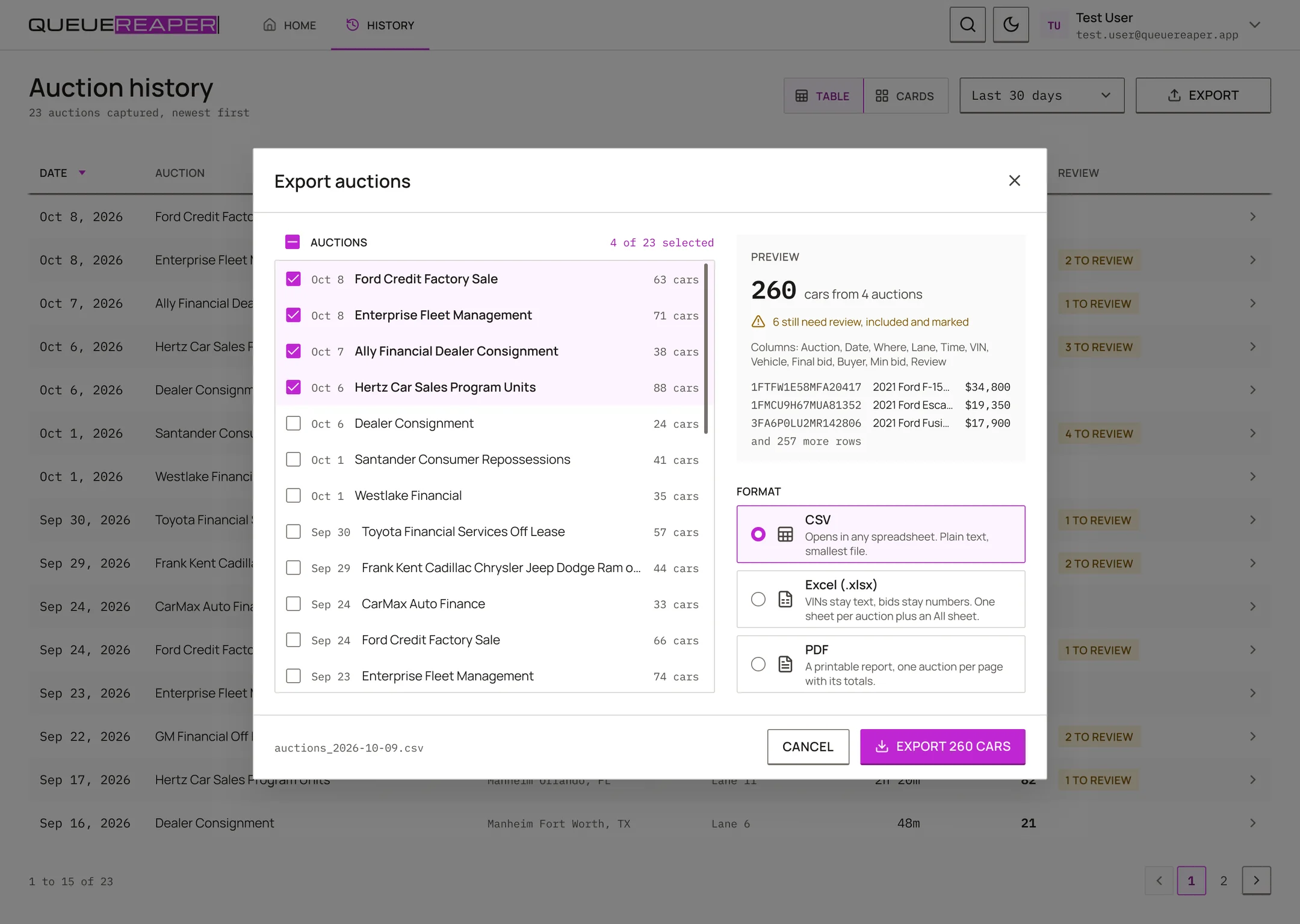 Export dialog with four auctions ticked, a preview of 260 cars, 6 still needing review, and CSV, Excel and PDF choices