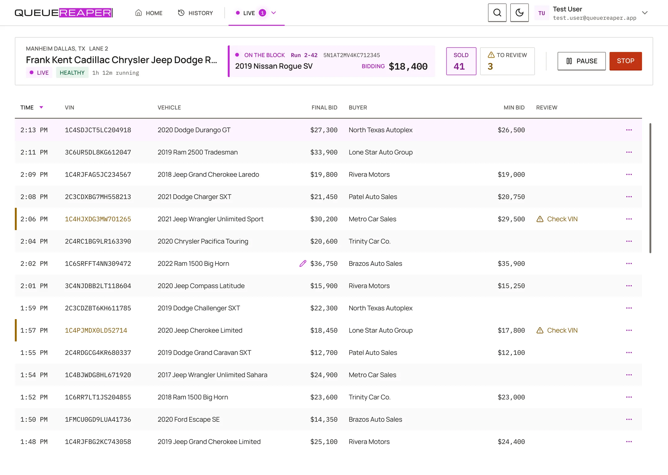 The rebuilt Live screen: an auction bar over a ledger of sales with VIN, vehicle, final bid and buyer