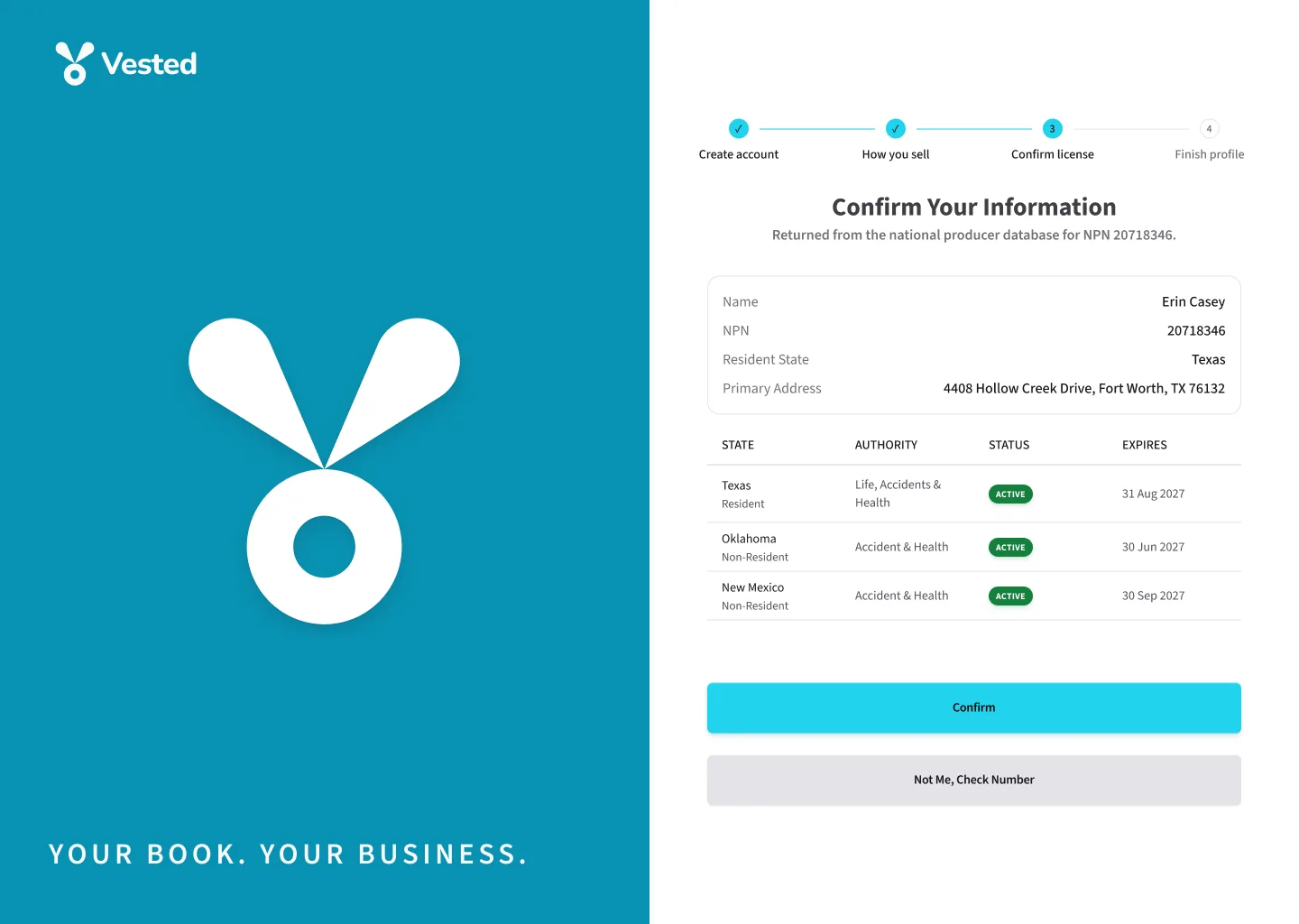 Registration step confirming the agent's license