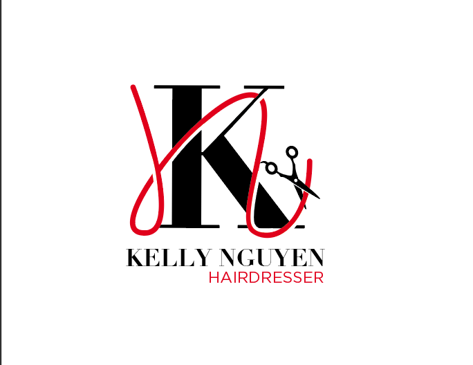 Kelly Nguyen hairdresser logo — bold K monogram with red script and scissors